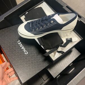 CHANEL Men's Dark Blue and White Sneakers